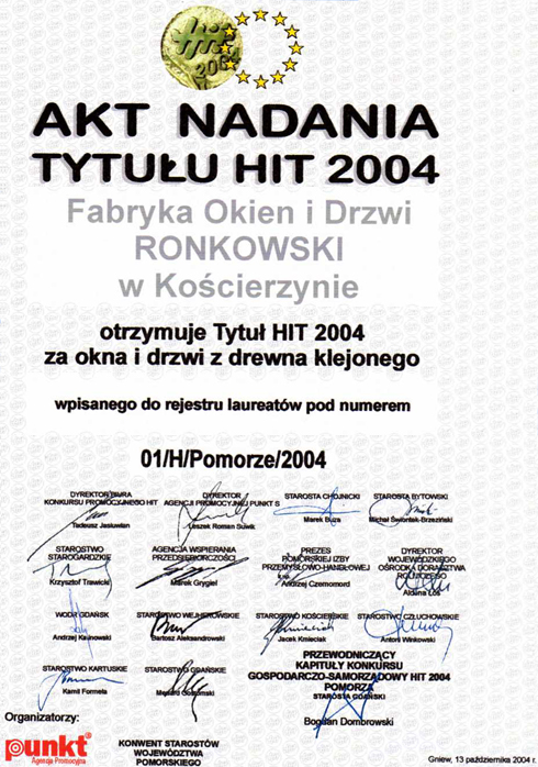 Akt nadania tytułu HIT 2004