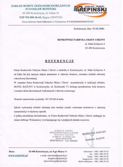 Referencje - ZRO REPIŃSKI, Hotel Bazuny - Kościerzyna
